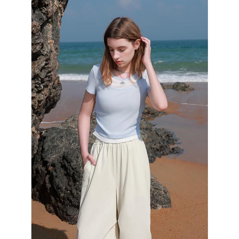 Sancai Women's Faux Two-Piece Short Sleeve T-shirt