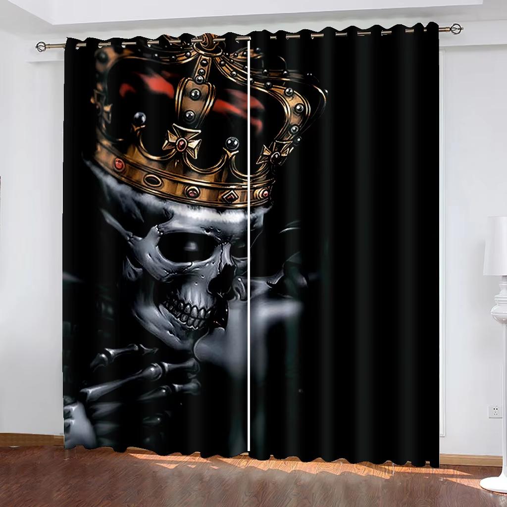 2pcs Personality Luxury 3D Printed Black Mystery Couple Skull Pattern Curtain,Suitable for Bedroom Living Room Kitchen Decor