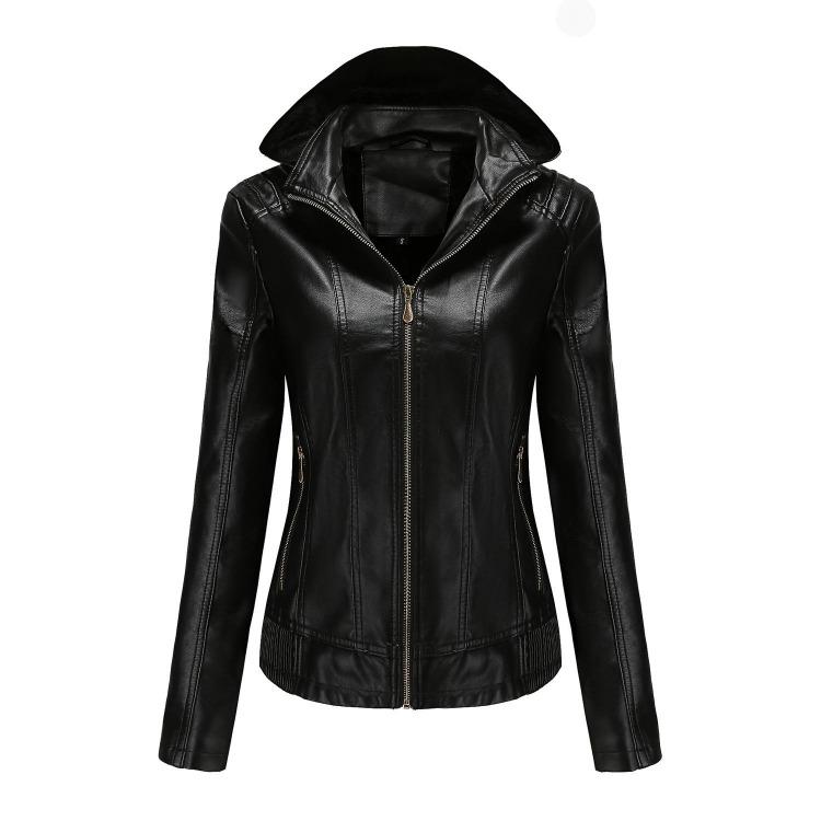 Women Leather Jacket Hooded Zipper Long Sleeve Fleece Slim Coat European Size