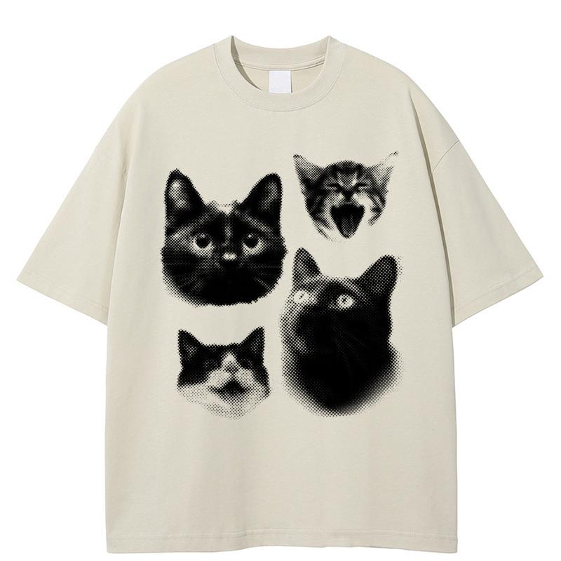 Retro Halftone Cat Faces Print 100% Cotton Short Sleeve Tee