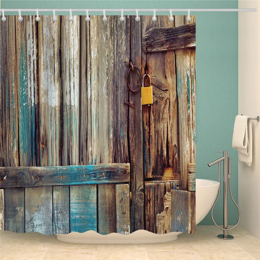 Wooden Door Shower Curtains Bathroom Curtain Stripes Letters Printed Waterproof Bath Screen Curtain for Home Decor with Hooks