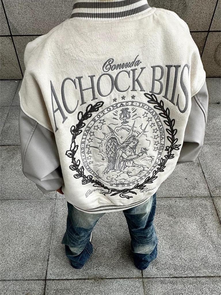 Unisex College Style Baseball Jacket with Embroidered Stand Collar - Trendy, Loose-Fit Outerwear for Autumn