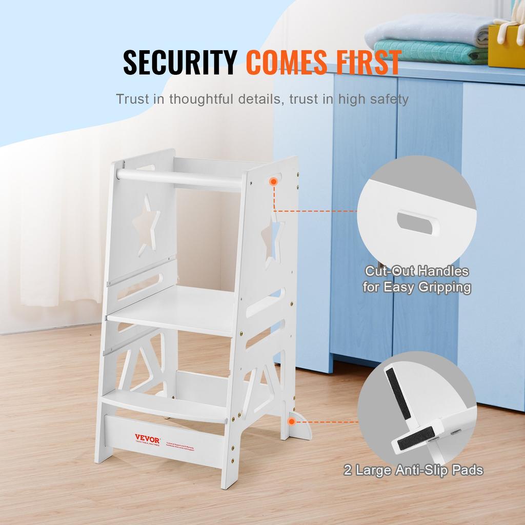 VEVOR Tower Step Stool for Kids and Toddlers, 3-Level Height Adjustable Toddler Kitchen Stool Helper