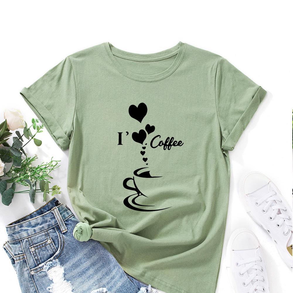 I Heart Coffee Cotton T-Shirt Short Sleeve Round Neck Women 2d Print Tops