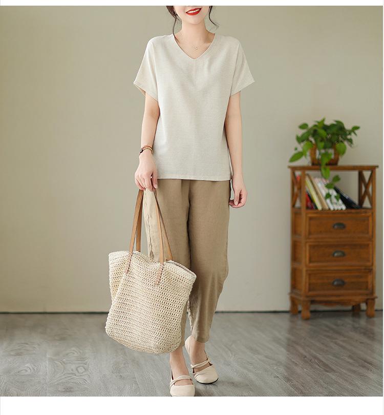 Women's Linen V-Neck Short-Sleeve Retro Top - Loose Casual Summer Style