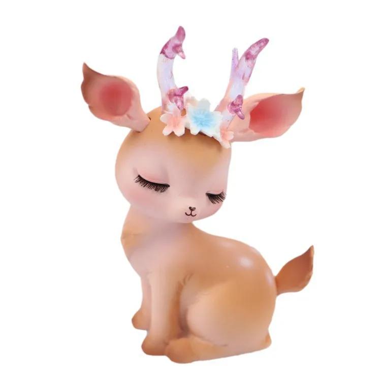 New Forest Style Pink Resin Deer Artificial Flowers Iron Acrylic Cake Toppers For Happy Birthday Party Decoration Baking Suplies