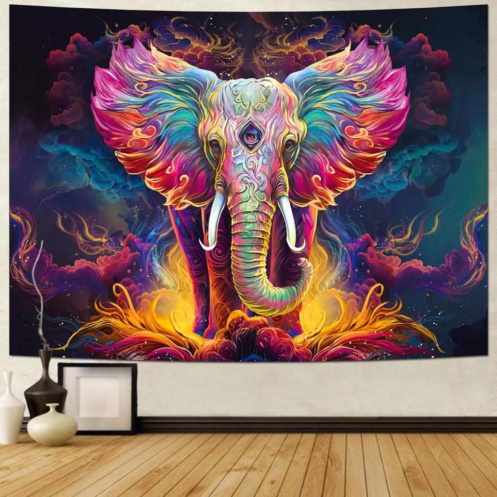 Psychedelischer Elefant Wandteppich Drittes Auge Bunte Wolken Galaxie Wandbehang für Boho Spirituelle Schlafzimmerdekoration