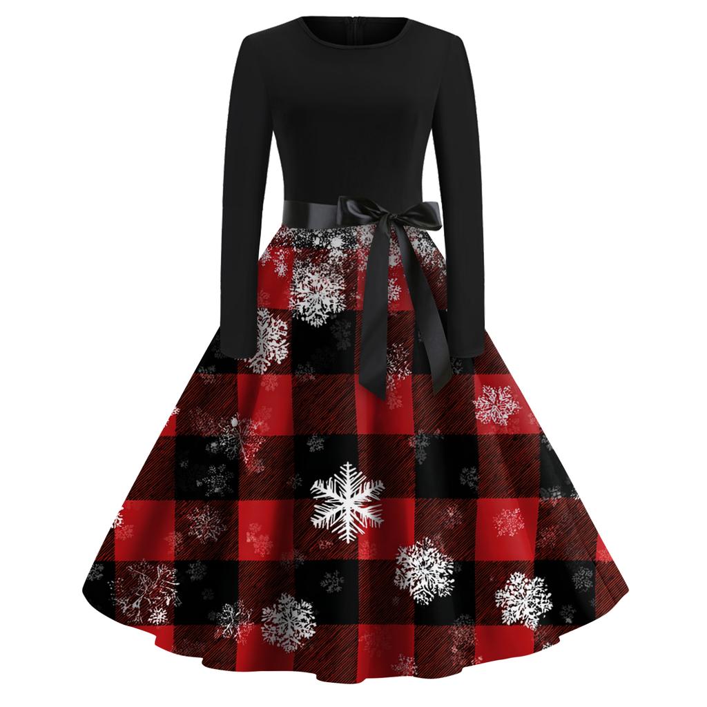 Damenmode Rundhals Lässig Slim Fit Weihnachtsdruck Weit schwingendes Langarmkleid