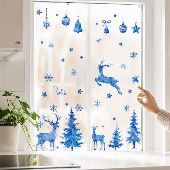 Seasonal Window Display Accents Watercolor Christmas Sticker, Non Adhesive Blue Elk Snowflake Tree Decals Wall Decal, Static Cling Removable