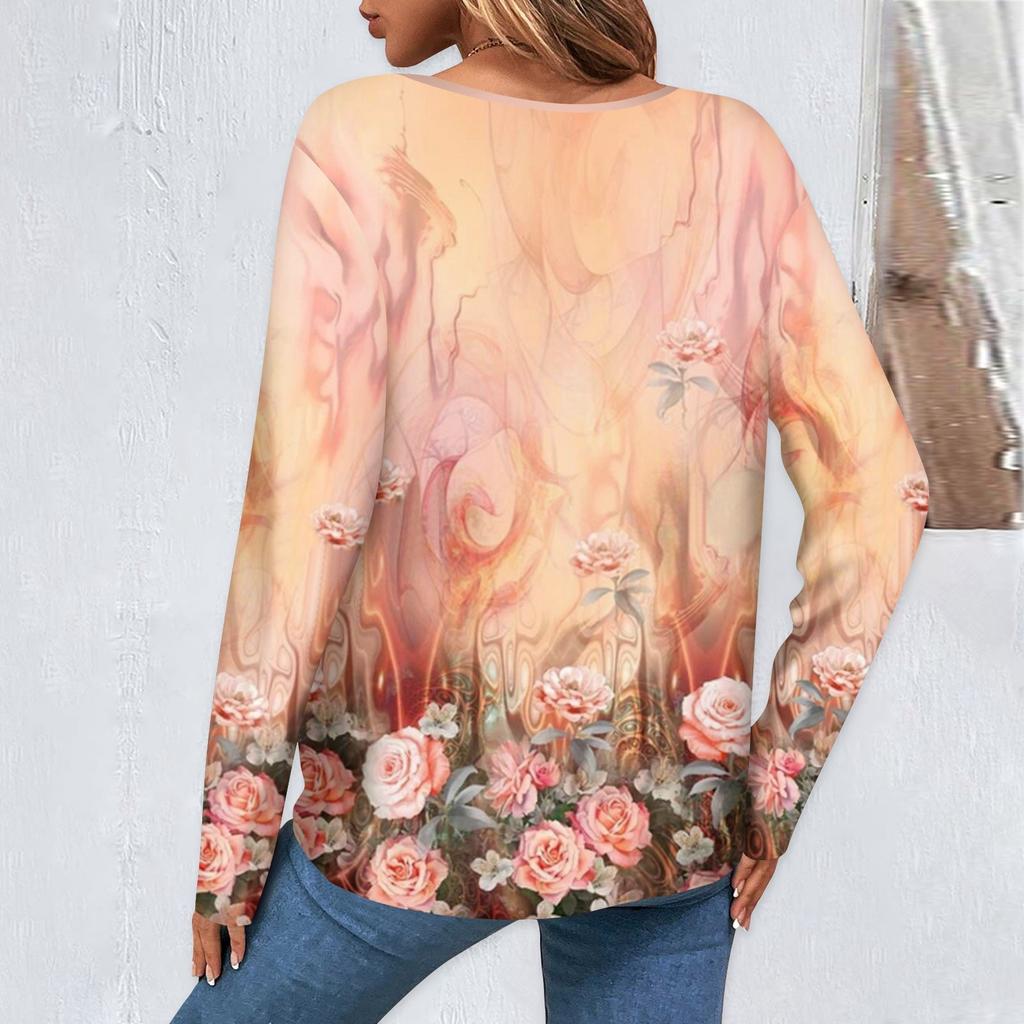 Women's Fashion Casual Round Neck Long Sleeve Floral Print Button Decorated T-Shirt Top