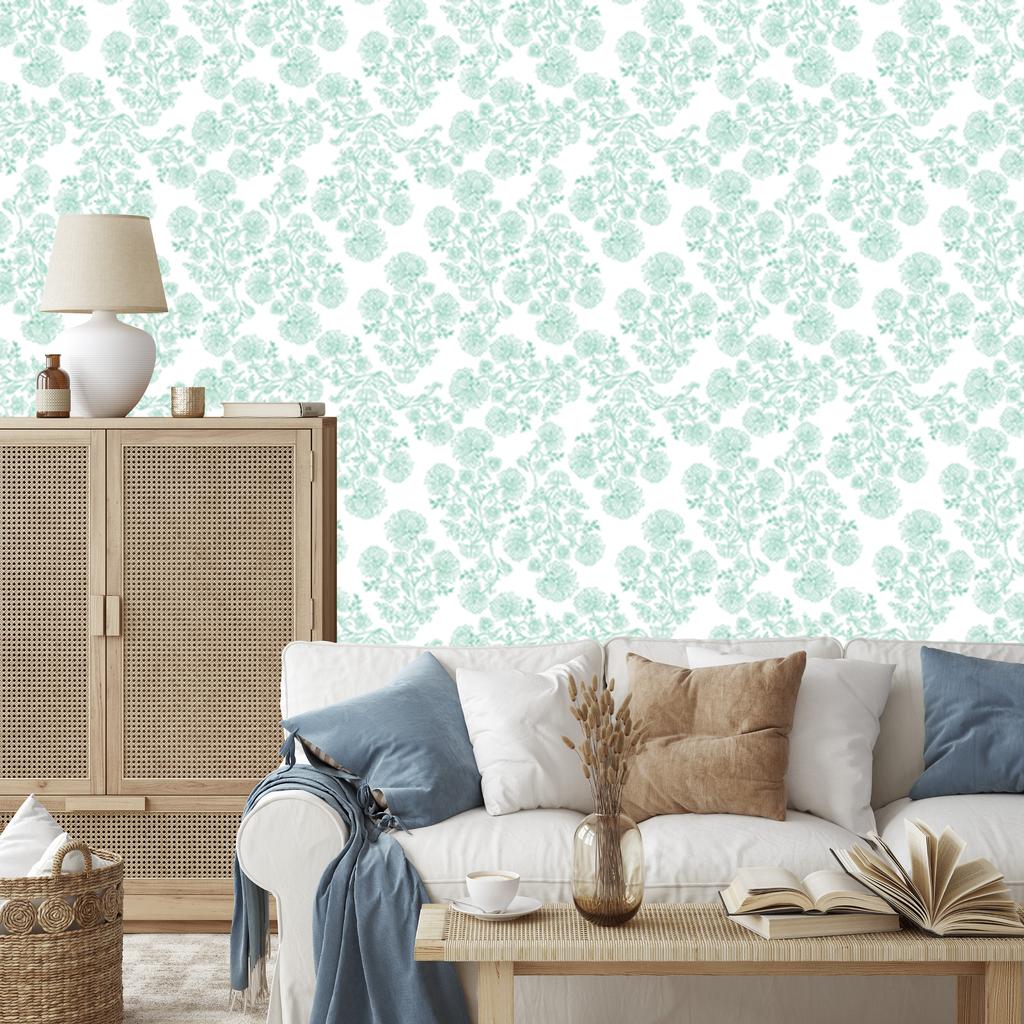 White and mint flowers wallpaper, a distinctive detail for the living room and bedroom 50x1000