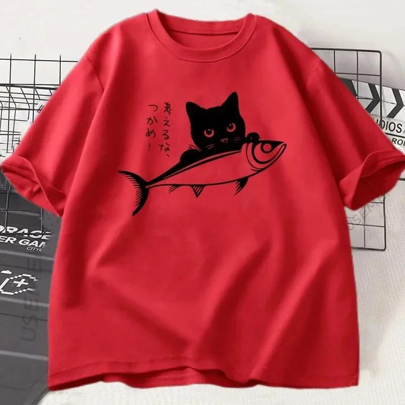 ZX Tee Black Cat T Shirt Women Cat Lover Tshirt Japanese Streetwear Fish T-Shirt Funny Kawaii Cat Owner Tshirt Women Short Sleeve