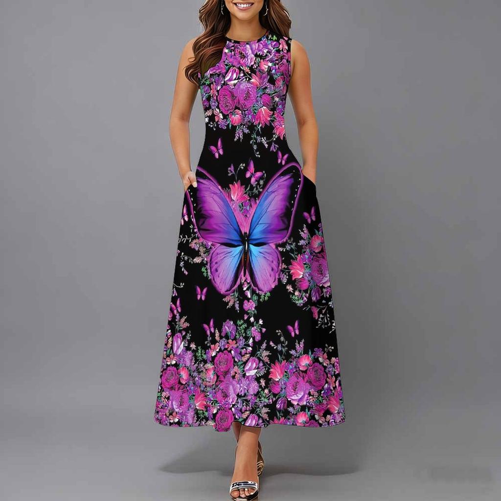 Women Plus Size Sleeveless Crew Neck Dress Soft Watercolor Floral Branches Flowy Mid Calf Gown