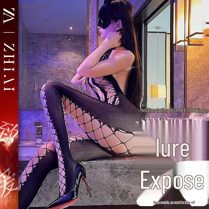 Passionate Sheer Lingerie Set: Fishnet Stockings & Crotchless Bodysuit