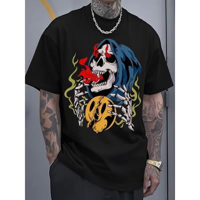 European Sizes Men's Graphic T-Shirt - Edgy Gothic Skull & Flames Print - Soft Breathable Fabric for Gym, Streetwear, Parties - White Tee
