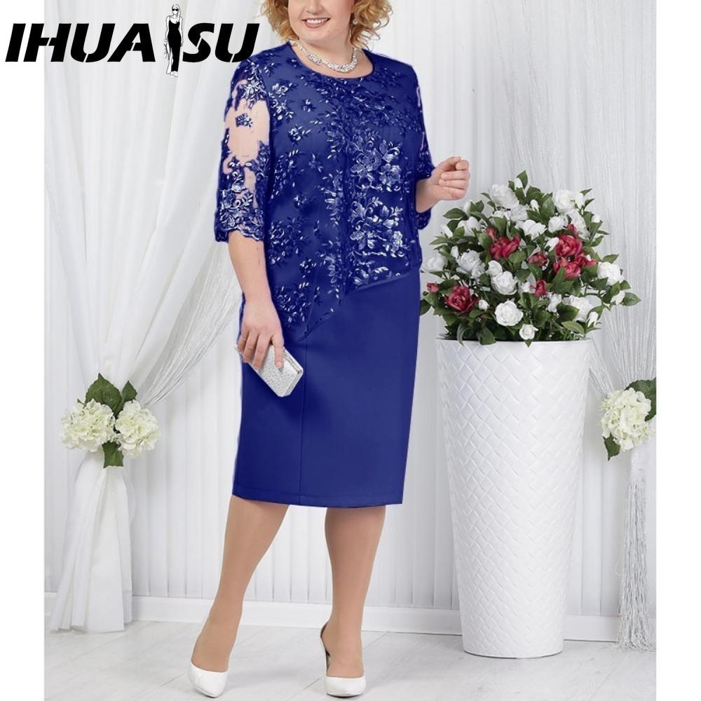 

IHUASU S-5XL Платье для вечеринки длиной до колена с кружевным верхом и аппликацией по подолу XXXL темно-синий