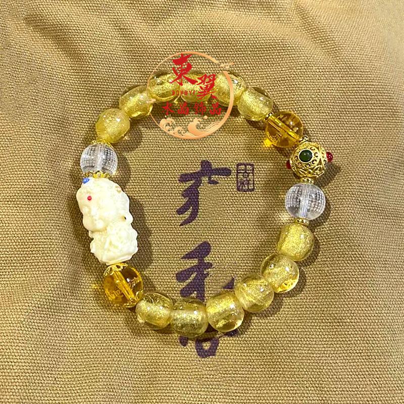 Golden Tara Yellow Jambhala Mantra Bead Bracelet with Ash Porcelain Glaze