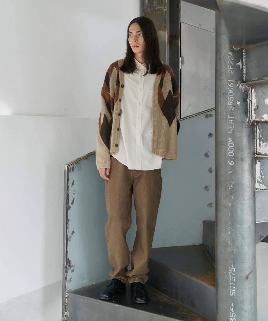 Knitted Bulky Brushed Argyle Cardigan Brown