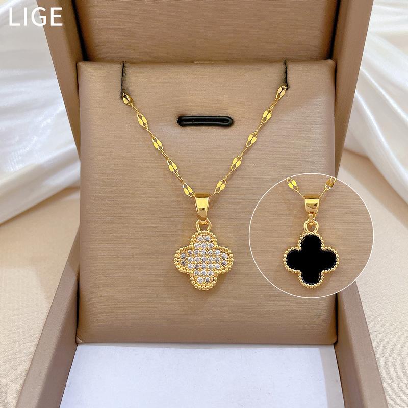Full Diamond Double-Sided Four-Leaf Flower Micro-Inlaid Diamond Necklace Women'S Exquisite Wind Collarbone Chain With Jewelry