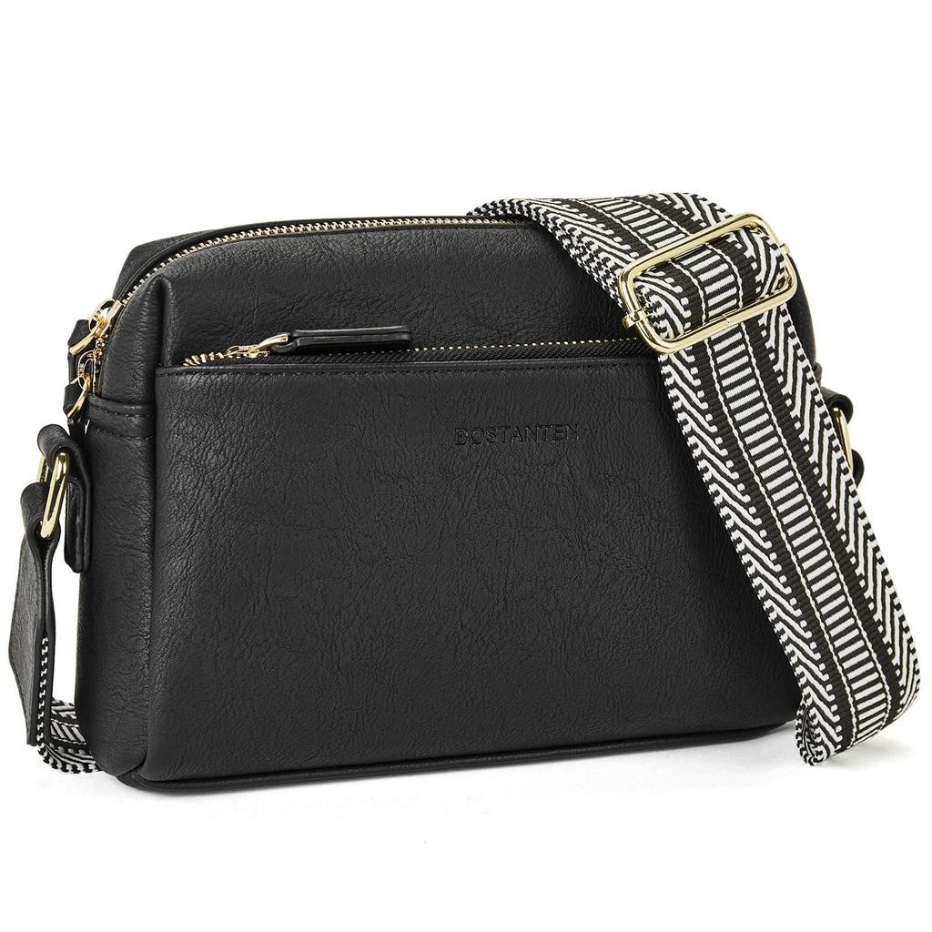 Nowa Damska Mała Skórzana Torba Crossbody z Trzema Zamkami i Kolorowym Paskiem - Torebka na Ramię na Telefon Komórkowy