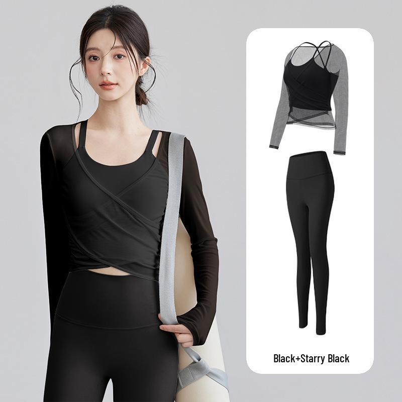 Net Sweet Design Women's High-Waisted Tummy Control Long-Sleeve Yoga Set with Mesh Cover-Up.