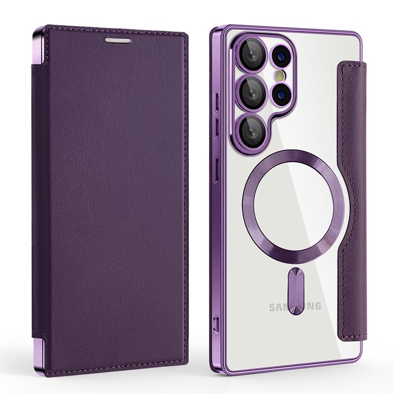 For Magsafe Magnetic Luxury Solid Color Leather Flip Wallet Card Slot Phone Case For Samsung S25 Ultra S23 S22 S24 Ultra Plus