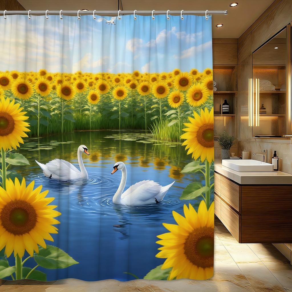 Cherry Blossom Duck Shower Curtain Machine Washable All Season Waterproof Privacy Protection Spring Nature Design Elegant12Hooks