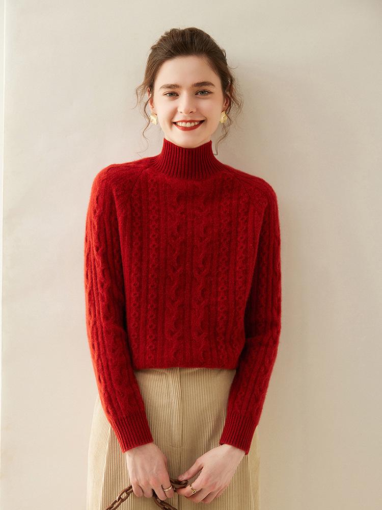 Damski sweter kaszmirowy z warkoczowym splotem - Półwysoki dekolt, Luźny krój, Obniżone ramię, Długi rękaw, Pogrubiony pulower