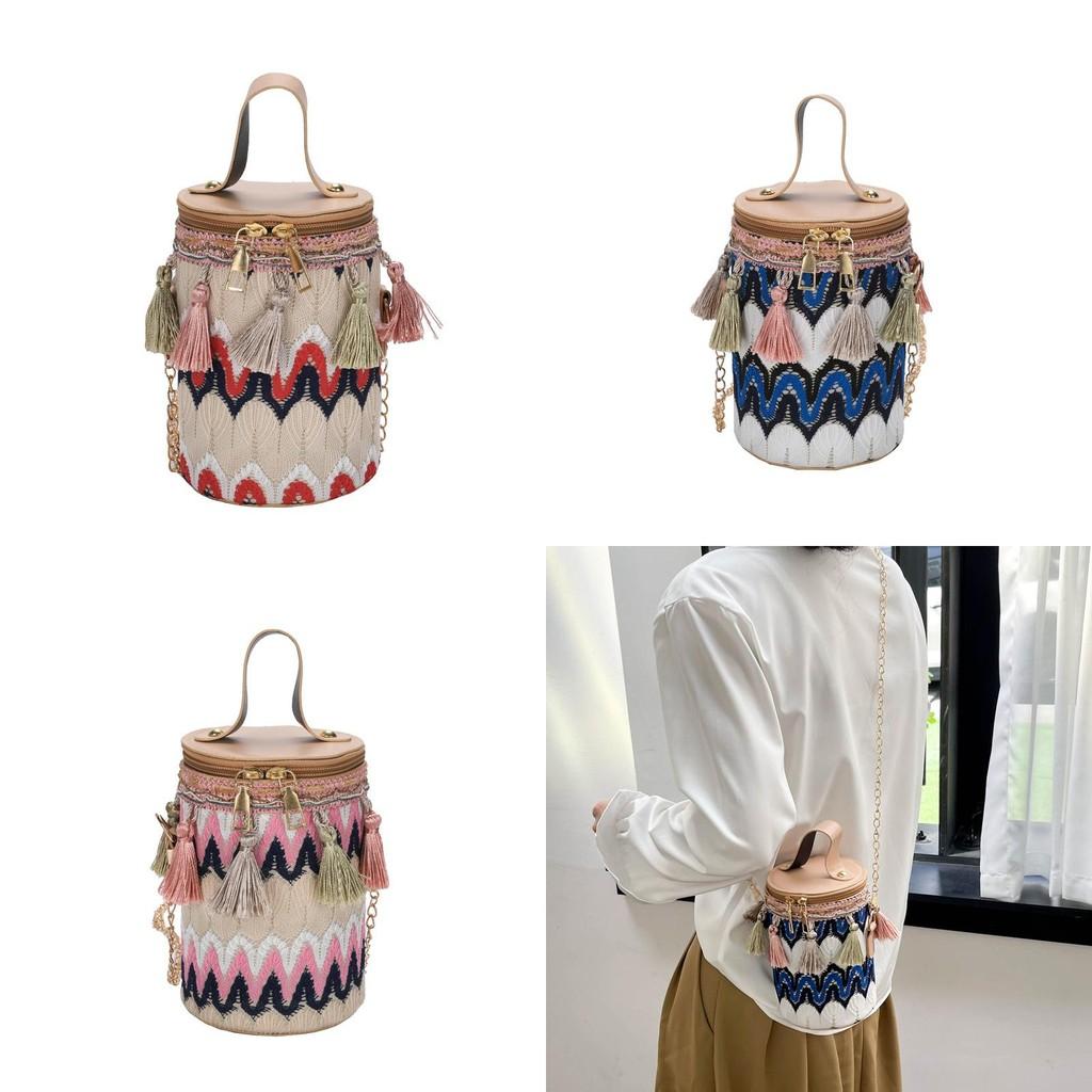Tassels Style Ethnic Chain Strap Tote Cylinder Crossbody Bag For Women Use Daily