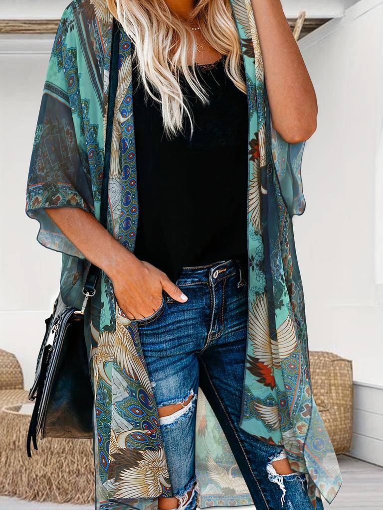 Dam Boho Chiffon Kimono Kofta, Öppen Framtill, Strandöverdrag, Casual Semesterstil, Ytterkläder för Solskydd