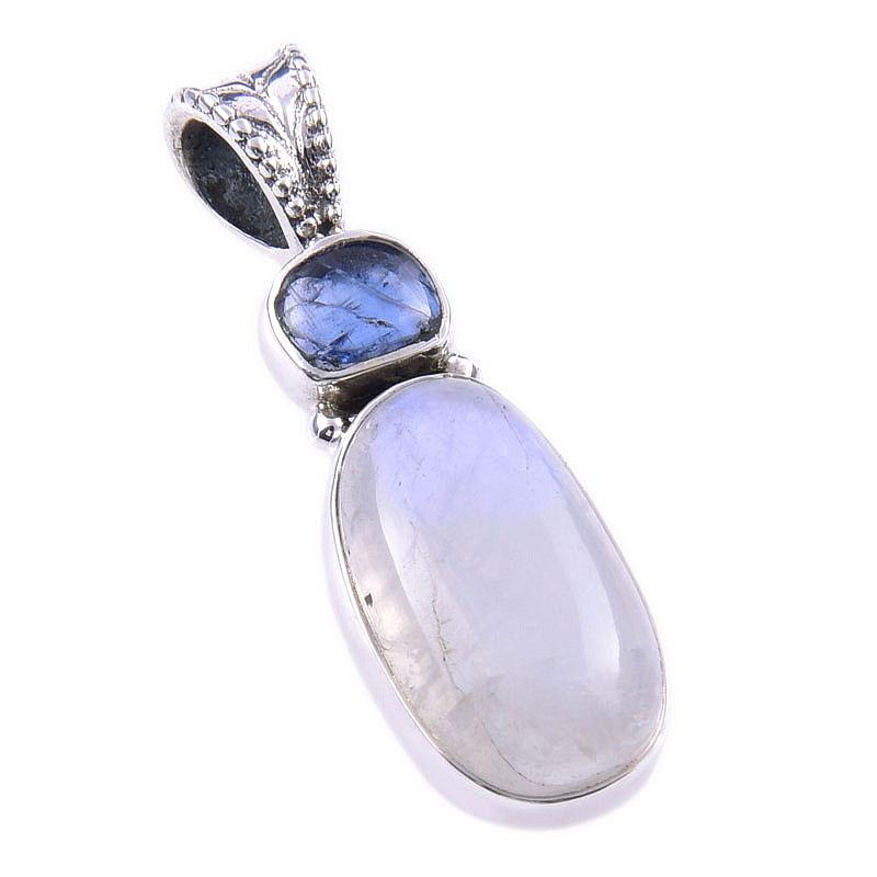 Natural Rainbow Moonstone, Kyanite 925 Solid Sterling Silver Pendant 1.25'' W4R95