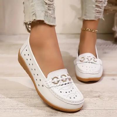 Ladies' Casual Loafers | Breathable Synthetic Material Set with Metal Chain Embellishment | Round Toe, Perforated Design, Lightweight White Flat Shoes