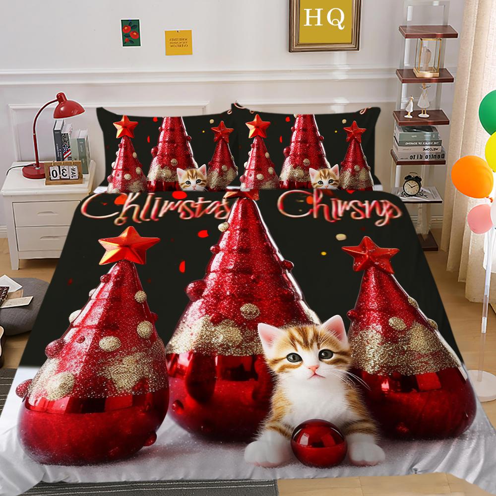 Kemila 3D Cartoon Christmas Bedding Set Duvet Cover Pillowcases Pet Cat Dog Polyester Quilt Cover Gift For Girls Twin Queen King Home Decor