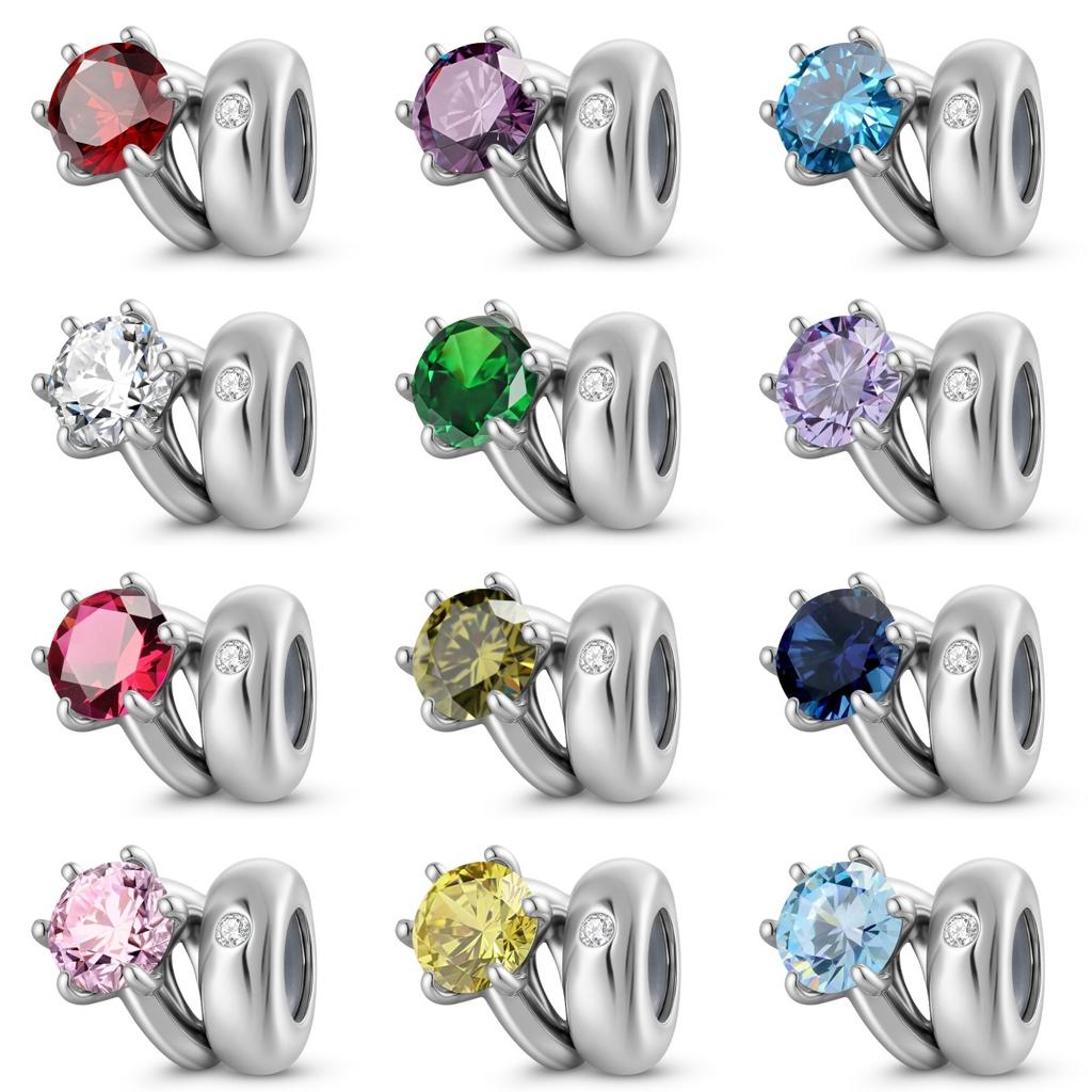 S925 Sterling Silver Oxide Beads December Birthstone Round Single Stone Ring Beads Bracelet DIY Jewelry Accessories