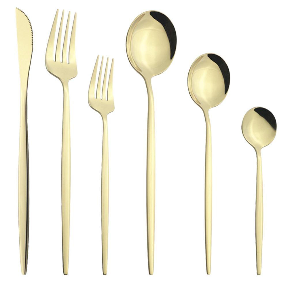 6Pcs/Set Gold Dinnerware Cutlery Set Mirror Stainless Steel Dinner Flatware Knife Dessert Fork Coffee Spoon Tableware Silverware Set