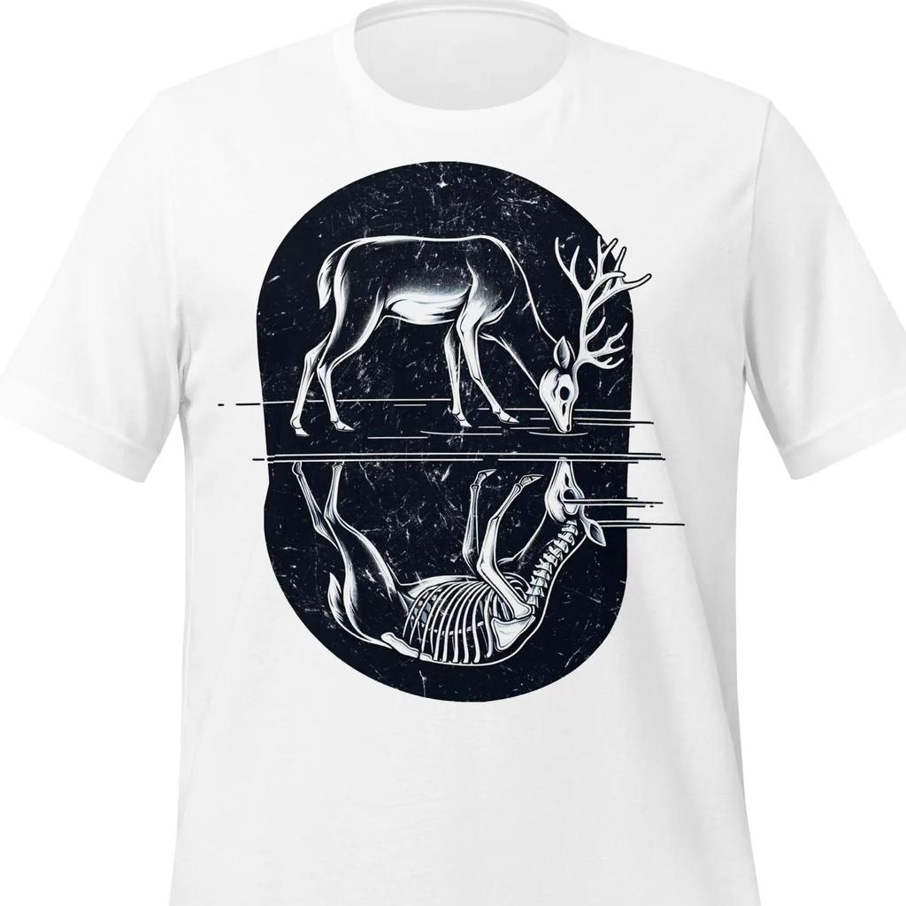 HEISSER VERKAUF Leben und Tod Hirsch Spiegelung T-Shirt Surrealer Hirsch und Skelett T-Shirt Bild T-Shirt Grafik Mode Lässig Weiche T-Shirts