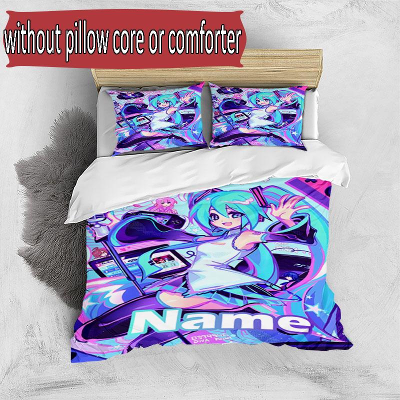 3pcs Duvet Cover Set (1*Duvet Cover + 2*Pillowcase, Without Core), Custom Name Hatsune Miku Pattern Bedding Set, Home Bedroom Decor Gift