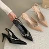 Fashion Sexy Fashion Black Patent Leather Strap with Pearl Pointed High Heels Women Shoes Casual Back Buckle Pumps Summer 2025