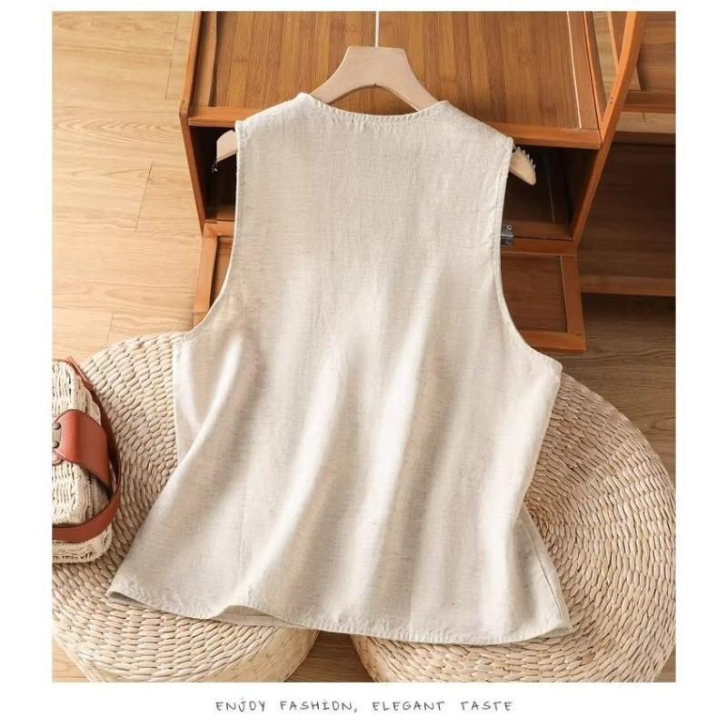 Women Linen Blend Vest Floral Embroidered Sleeveless V Neck Button  Waistcoat With Pockets