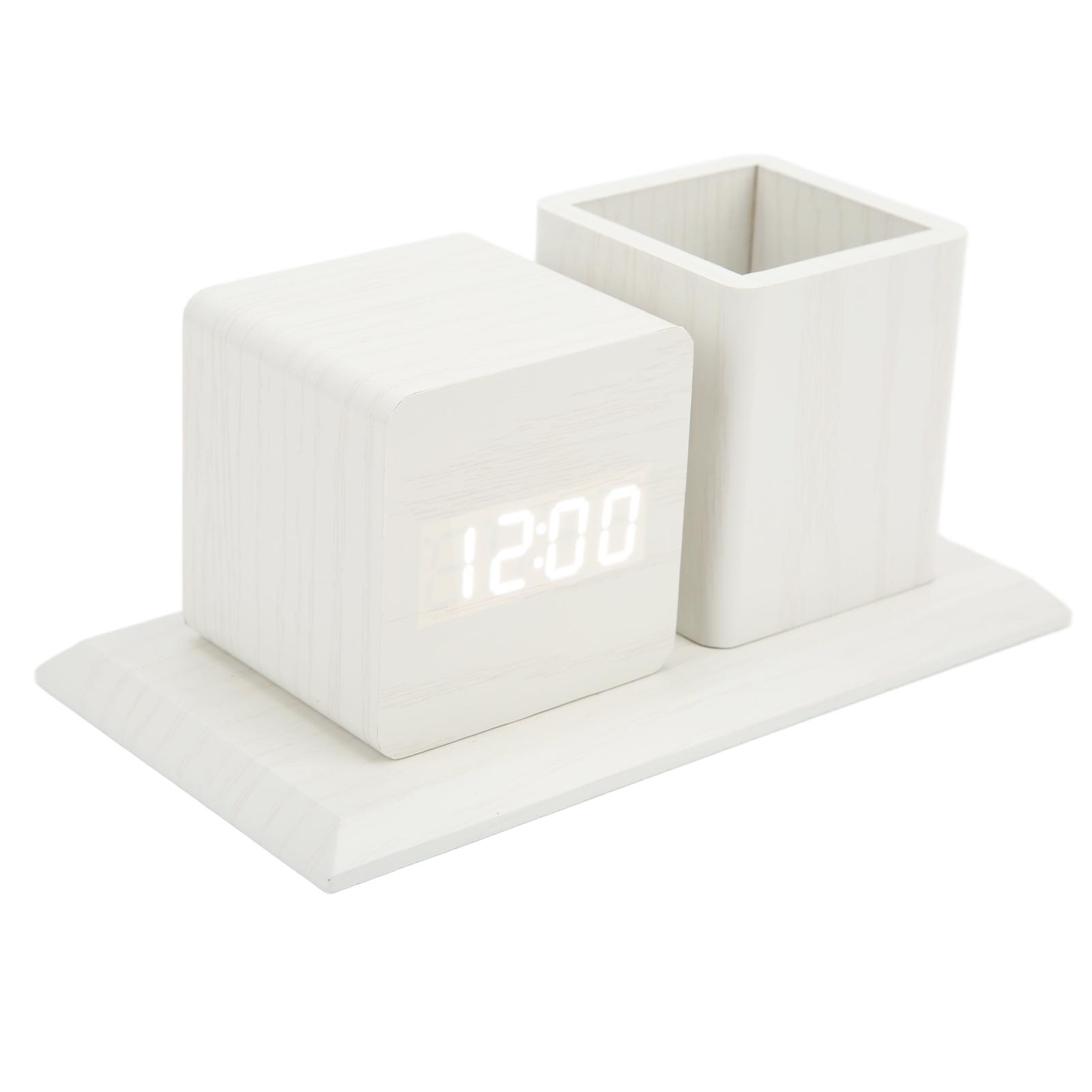 Pen Holder Clock Temperature Calendar Display 3 Brightness Adjustment Voice Control LED Digital Alarm Clock