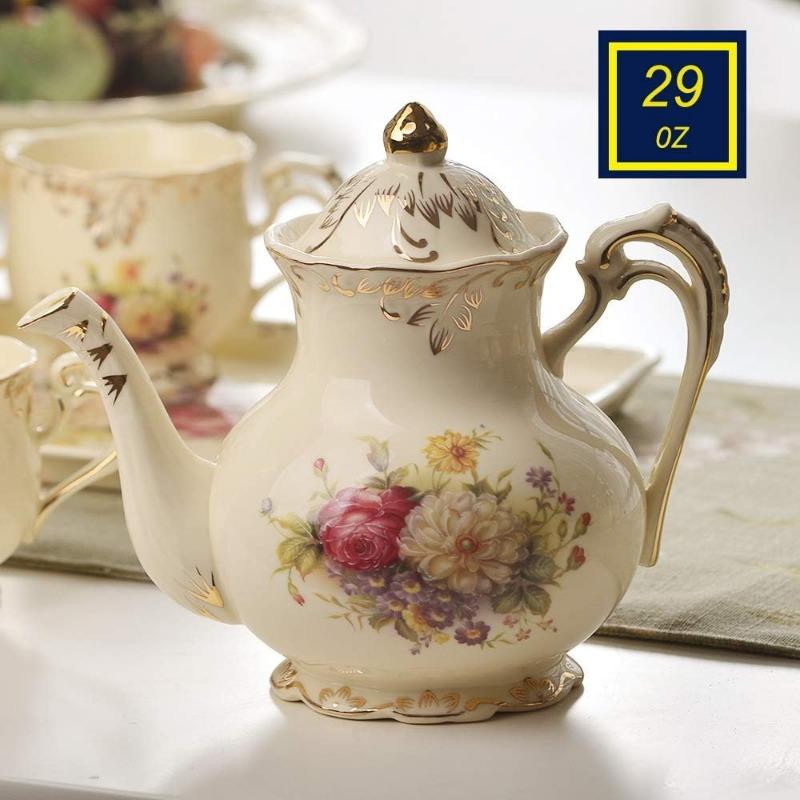 Porcelain Tea Set, Vintage Flowering Shrubs Teapot and Cups Set for Tea Party, Birthday Gifts for Mom Adults Women Wedding