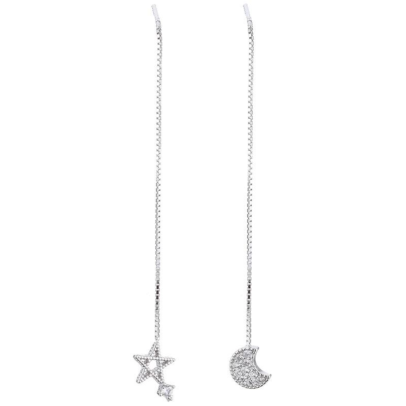 Simple Diamond-Set Star Moon Asymmetric Earrings Zircon Long Fringed Earrings Femininity Earrings