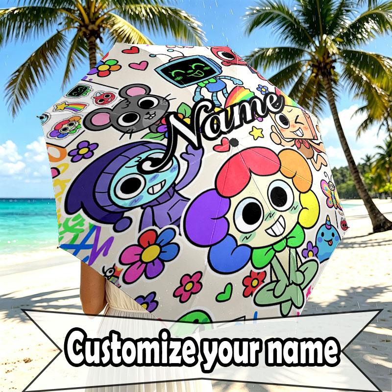 Custom Name Personalized Dandy's World Print Umbrella, Auto Open Close, 8‑Rib Sturdy Frame, Commute Camping Hiking Use, Birthday Gift