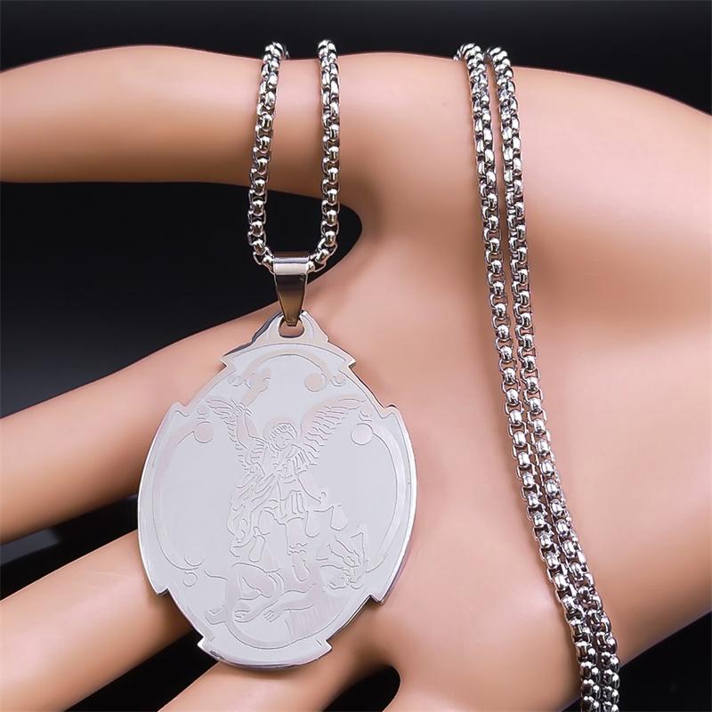 Archangel St.Michael Medal Necklace Stainless Steel Guardian Bible Angel Saint Michael Pray for Us Necklace Jewelry collar N8451