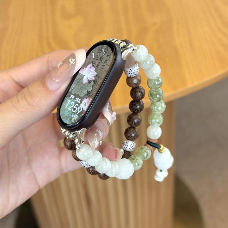 New Chinese Style Beaded Bracelet Watch Strap for Xiaomi Band 10, Premium Replacement Wristband, Green Grape Milk Tea Design