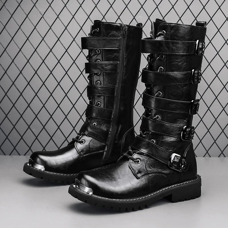 

Men s Motorcycle Boots Mid-Calf Knight Men Boot Punk Hippie Rivets Zip Buckle Gentleman Male Flat Shoes Man Plus Size 38-46 46 чёрный