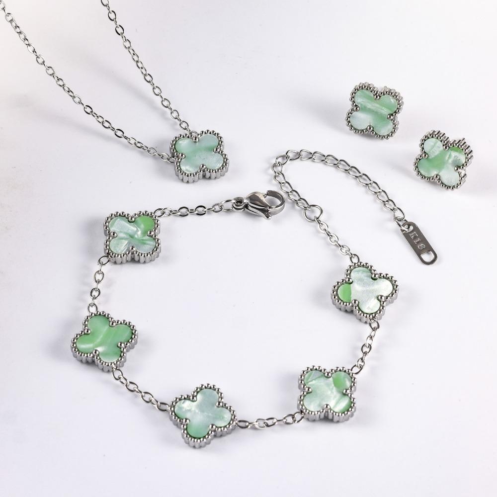 Women's and Girls' Four-leaf Clover Three-piece Set Colorfast Necklace Bracelet Earrings Jewelry