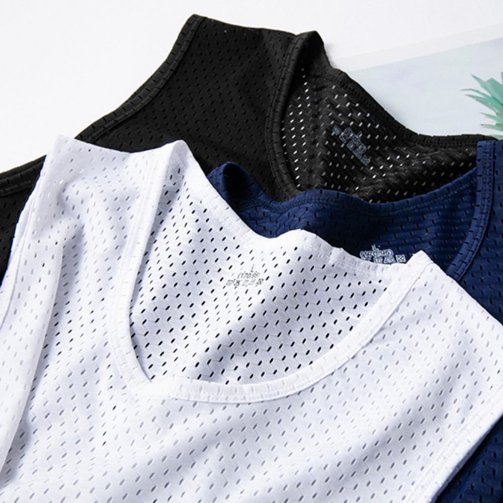 2026 Men Tank Tops Mesh Hollow Out Solid O-Neck Sleeveless Streetwear Male Vests Transparent Summer Fashion Men Clothing