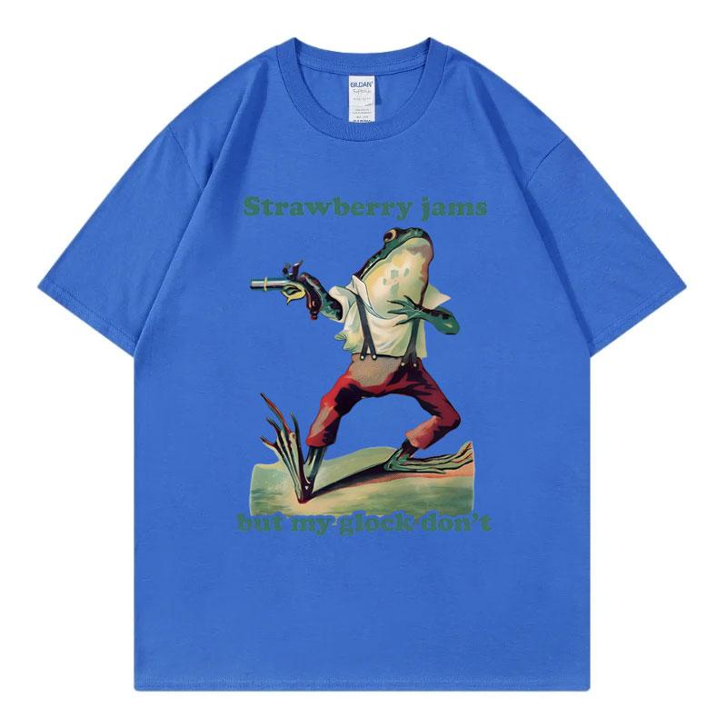 Strawberry Jams But My Glock Dont Funny Frog Meme Tshirt High Quality Fashion Oversized T Shirt Unisex Casual Cotton Tshirts