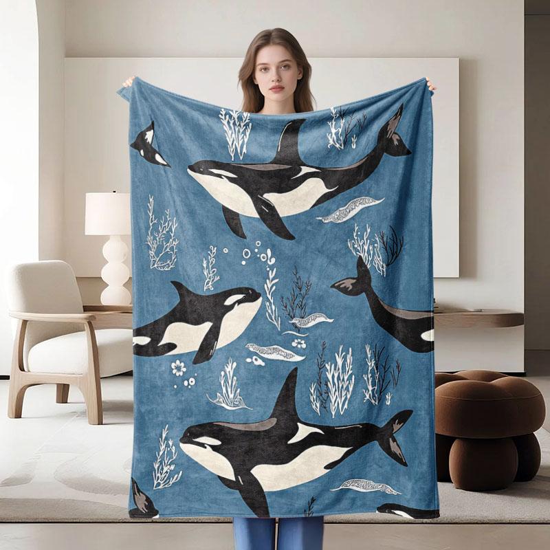 1 Piece Orca Whale-themed Flannel Blanket, Soft and Cozy, Perfect for Sofa, Bed, Office. Ideal Gift for Family, Friends, Holiday